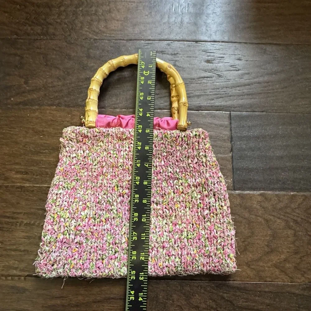 Retro‎ 60s Handbag Pink Green Crochet Woven Lined Purse Wood Handle Boho Mod
